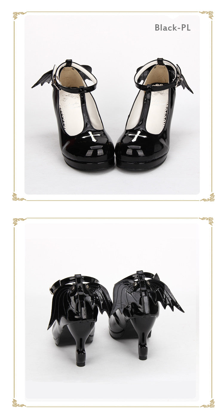 Gothic Lolita Ankle T-strap Shoes with Cross Design, Rounded Toe, Black or Black Patent