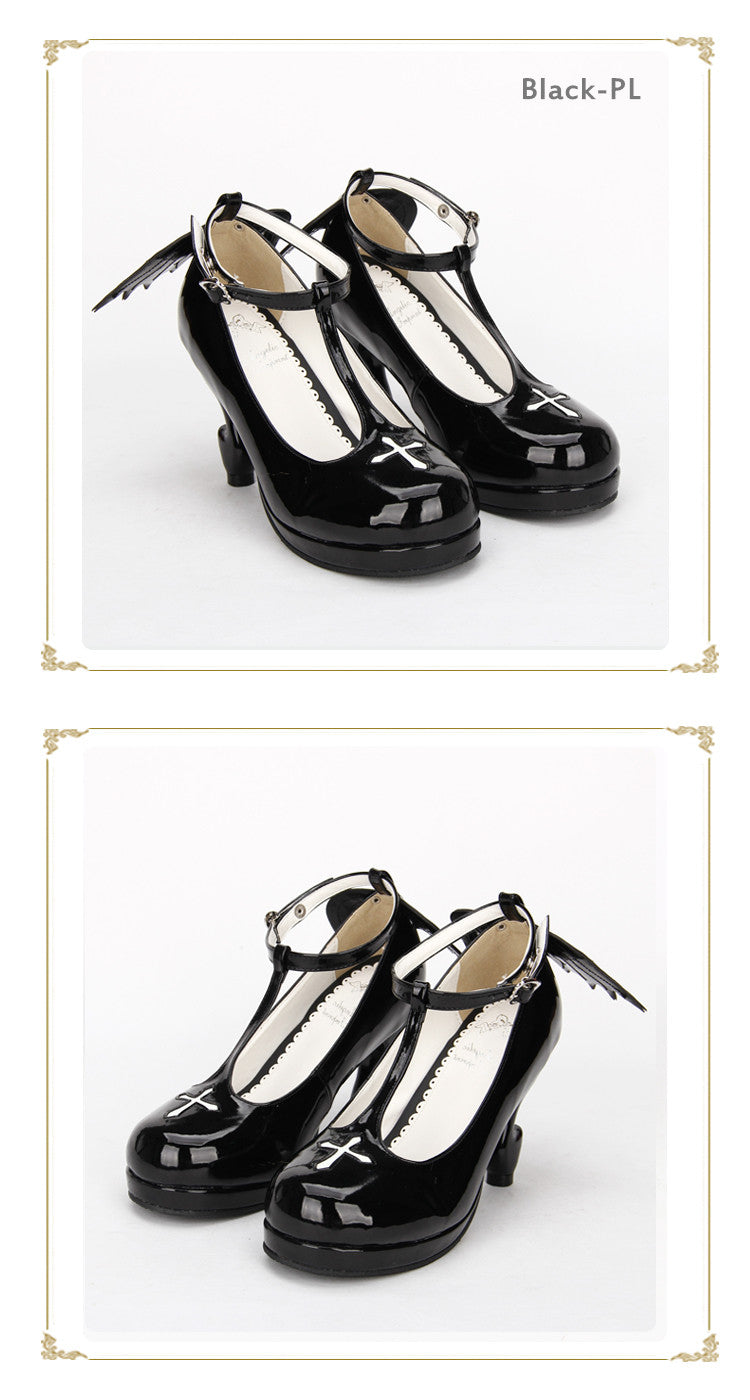 Gothic Lolita Ankle T-strap Shoes with Cross Design, Rounded Toe, Black or Black Patent
