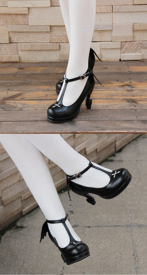 Gothic Lolita Ankle T-strap Shoes with Cross Design, Rounded Toe, Black or Black Patent