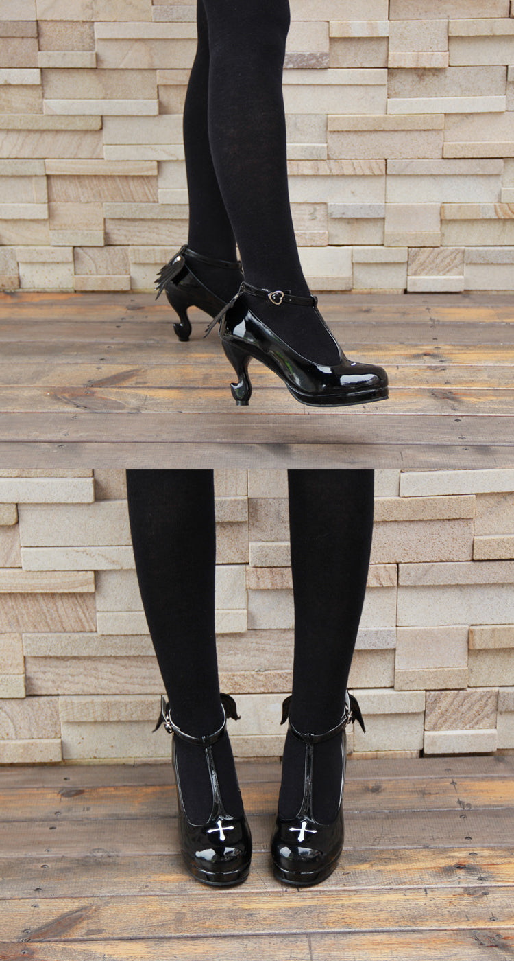 Gothic Lolita Ankle T-strap Shoes with Cross Design, Rounded Toe, Black or Black Patent