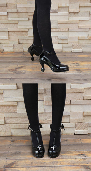 Gothic Lolita Ankle T-strap Shoes with Cross Design, Rounded Toe, Black or Black Patent