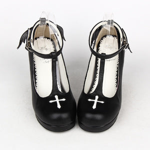 Gothic Lolita Ankle T-strap Shoes with Cross Design, Rounded Toe, Black or Black Patent