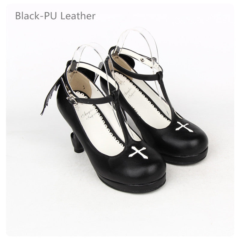Gothic Lolita Ankle T-strap Shoes with Cross Design, Rounded Toe, Black or Black Patent