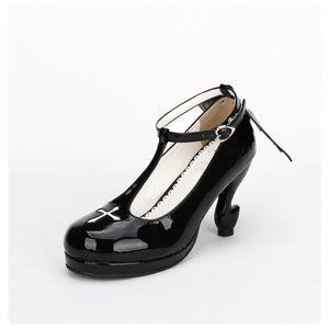 Gothic Lolita Ankle T-strap Shoes with Cross Design, Rounded Toe, Black or Black Patent